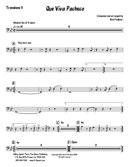 Que Viva Pacheco trombone 3 (Download) Latin jazz printed sheet music composer and arranger Rick Faulkner big band 4-4-5 instrumentation
