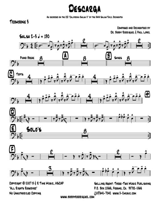 Descarga trombone 3 (Download) Latin jazz printed sheet music www.3-2music.com composer and arranger Bobby Rodriguez big band 4-4-5 instrumentation