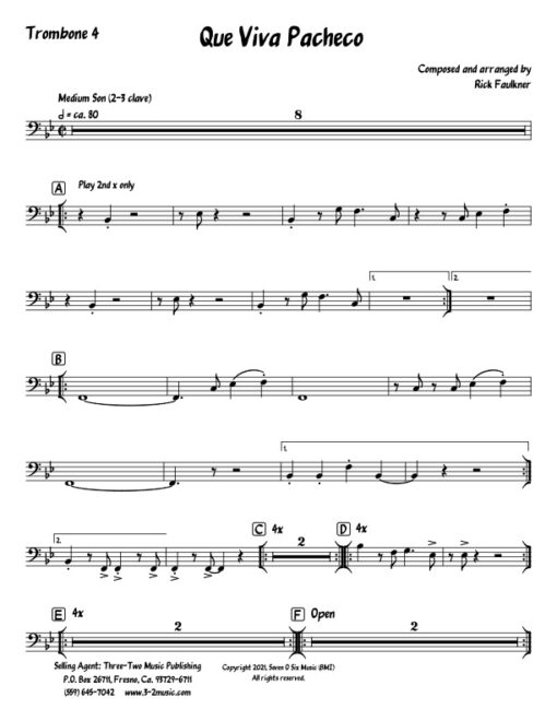 Que Viva Pacheco trombone 4 (Download) Latin jazz printed sheet music composer and arranger Rick Faulkner big band 4-4-5 instrumentation
