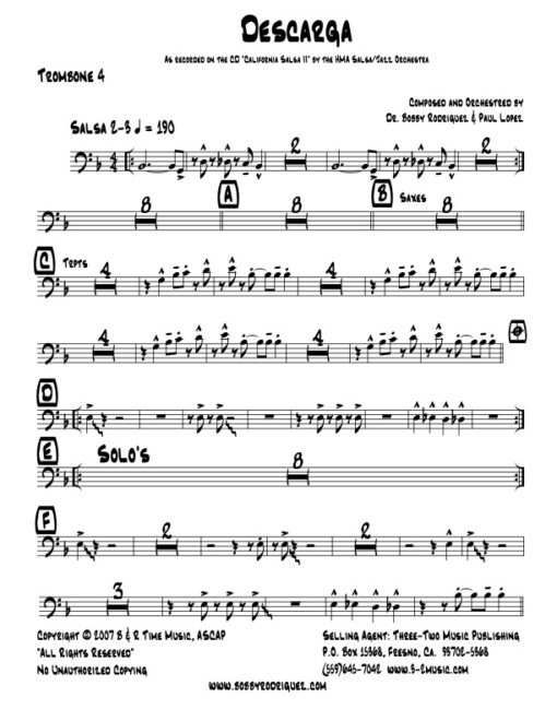 Descarga trombone 4 (Download) Latin jazz printed sheet music www.3-2music.com composer and arranger Bobby Rodriguez big band 4-4-5 instrumentation