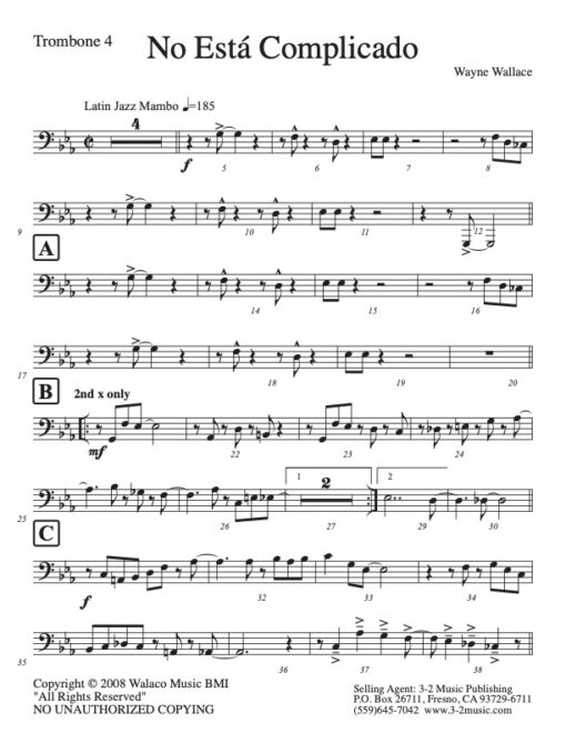 No Esta Complicado trombone 4 (Download) Latin jazz printed sheet music www.3-2music.com composer and arranger Wayne Wallace big band (4-4-5)