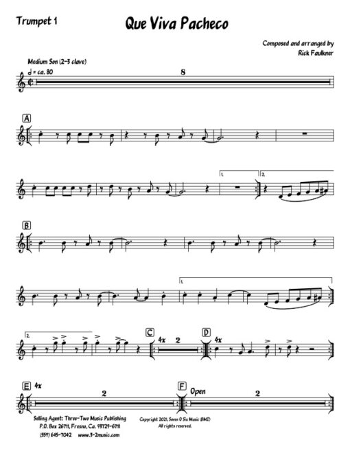 Que Viva Pacheco trumpet 1 (Download) Latin jazz printed sheet music composer and arranger Rick Faulkner big band 4-4-5 instrumentation