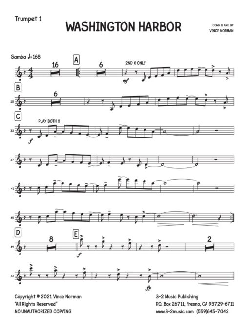 Washington Harbor trumpet 1 (Download) Latin jazz printed sheet music composer and arranger Vince Norman big band 5-4-5 instrumentation
