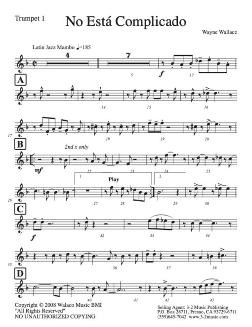 No Esta Complicado trumpet 1 (Download) Latin jazz printed sheet music www.3-2music.com composer and arranger Wayne Wallace big band (4-4-5)