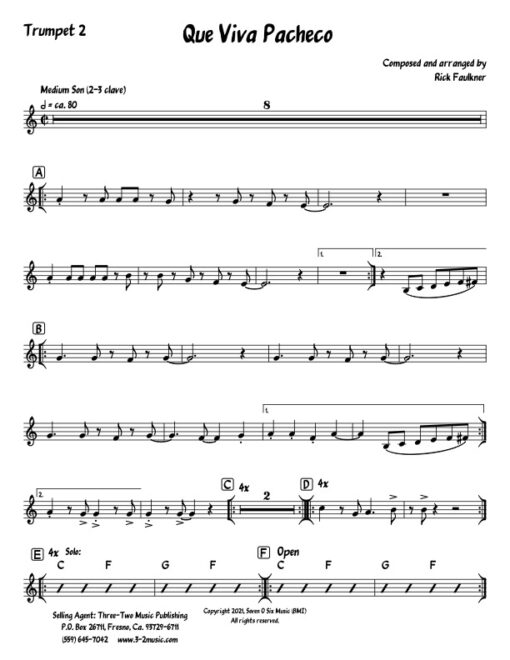 Que Viva Pacheco trumpet 2 (Download) Latin jazz printed sheet music composer and arranger Rick Faulkner big band 4-4-5 instrumentation