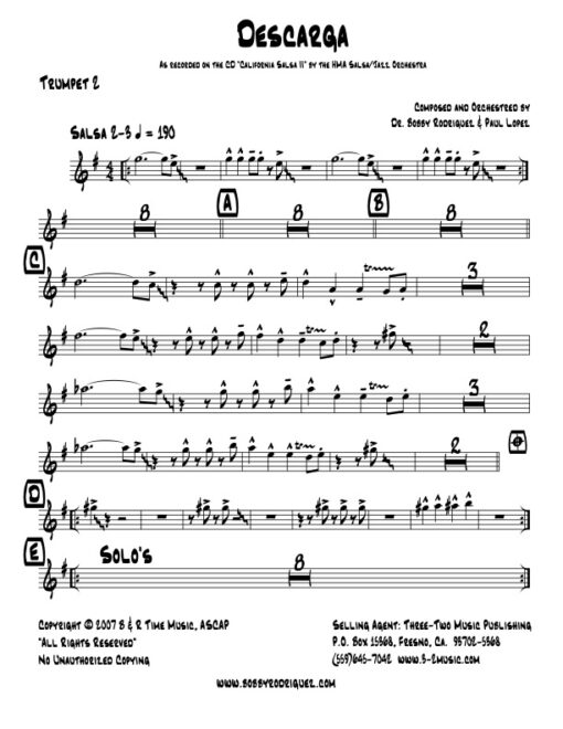 Descarga trumpet 2 (Download) Latin jazz printed sheet music www.3-2music.com composer and arranger Bobby Rodriguez big band 4-4-5 instrumentation