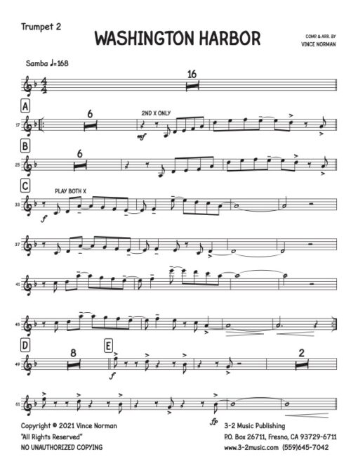 Washington Harbor trumpet 2 (Download) Latin jazz printed sheet music composer and arranger Vince Norman big band 5-4-5 instrumentation