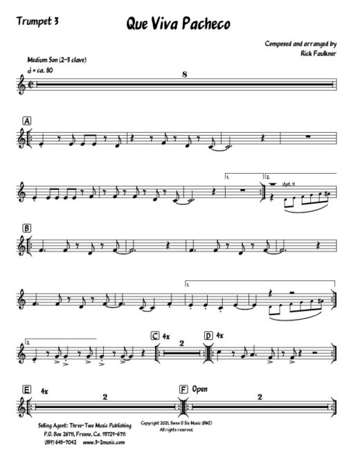 Que Viva Pacheco trumpet 3 (Download) Latin jazz printed sheet music composer and arranger Rick Faulkner big band 4-4-5 instrumentation