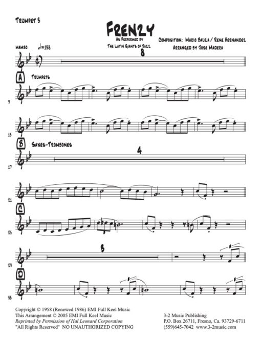 Frenzy trumpet 3 (Download) Latin jazz sheet printed music www.3-2music.com composer and arranger Mario Bauzá big band 4-4-5 instrumentation