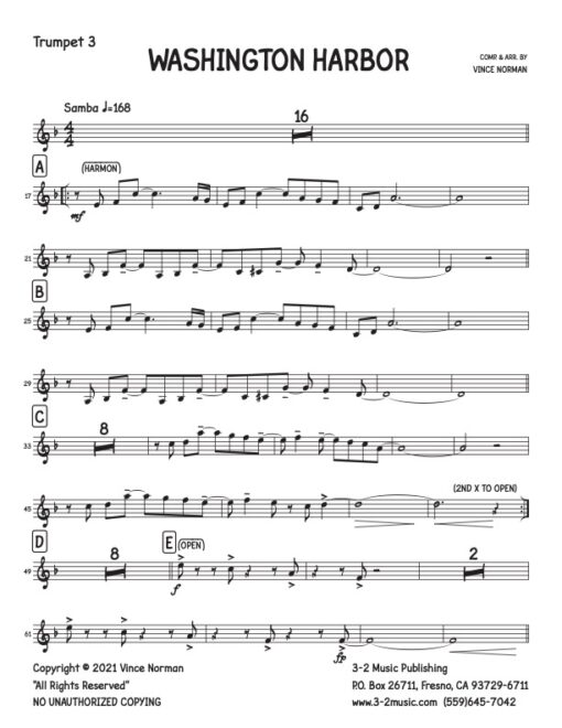 Washington Harbor trumpet 3 (Download) Latin jazz printed sheet music composer and arranger Vince Norman big band 5-4-5 instrumentation