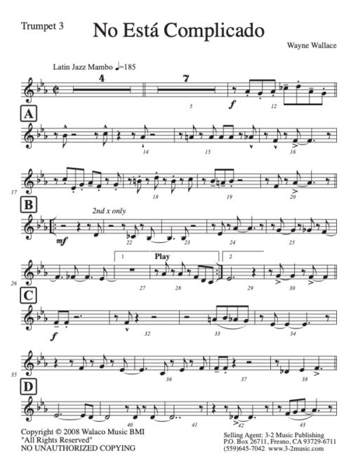 No Esta Complicado trumpet 3 (Download) Latin jazz printed sheet music www.3-2music.com composer and arranger Wayne Wallace big band (4-4-5)