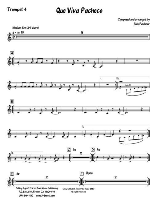 Que Viva Pacheco trumpet 4 (Download) Latin jazz printed sheet music composer and arranger Rick Faulkner big band 4-4-5 instrumentation