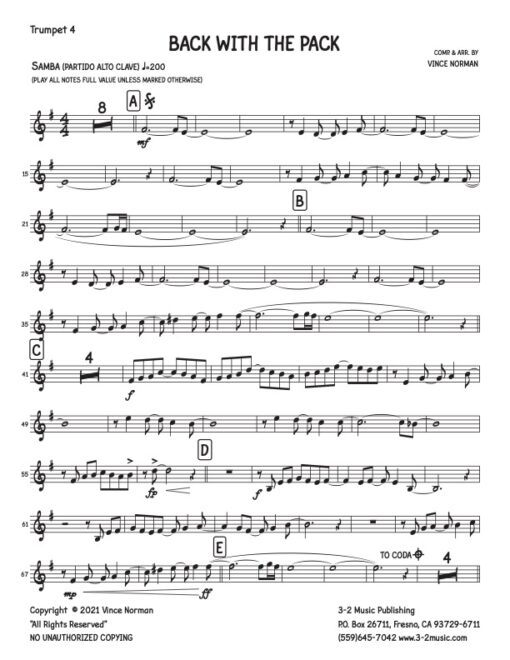 Back With The Pack V.1 trumpet 4 (Download) Latin jazz printed sheet music composer and arranger Vince Norman big band 4-4-5 instrumentation