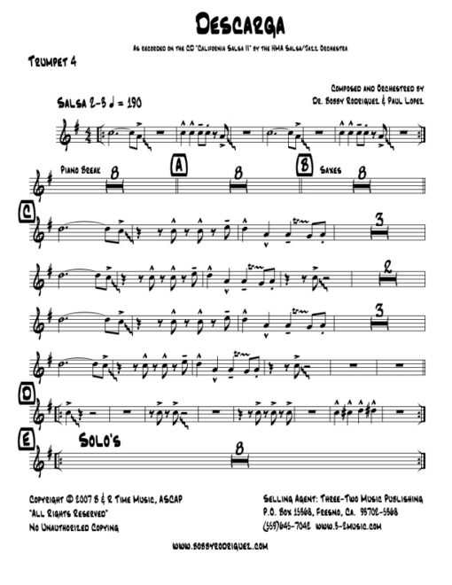Descarga trumpet 4 (Download) Latin jazz printed sheet music www.3-2music.com composer and arranger Bobby Rodriguez big band 4-4-5 instrumentation
