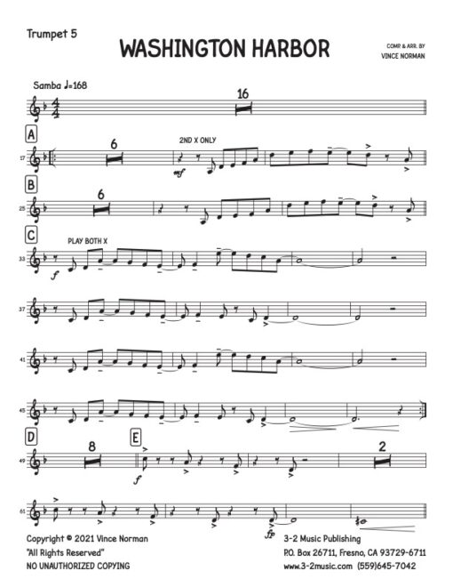 Washington Harbor trumpet 5 (Download) Latin jazz printed sheet music composer and arranger Vince Norman big band 5-4-5 instrumentation