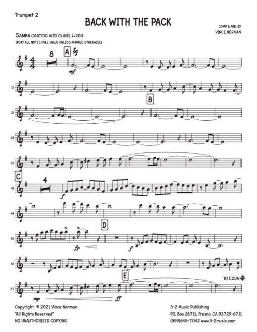 Back With The Pack V.1 trumpet 2 (Download) Latin jazz printed sheet music composer and arranger Vince Norman big band 4-4-5 instrumentation