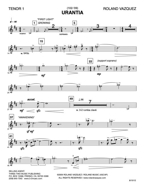 Urantia tenor 1 (Download) Latin jazz printed sheet music www.3-2music.com composer and arranger Roland Vazquez big band 4-4-5 instrumentation