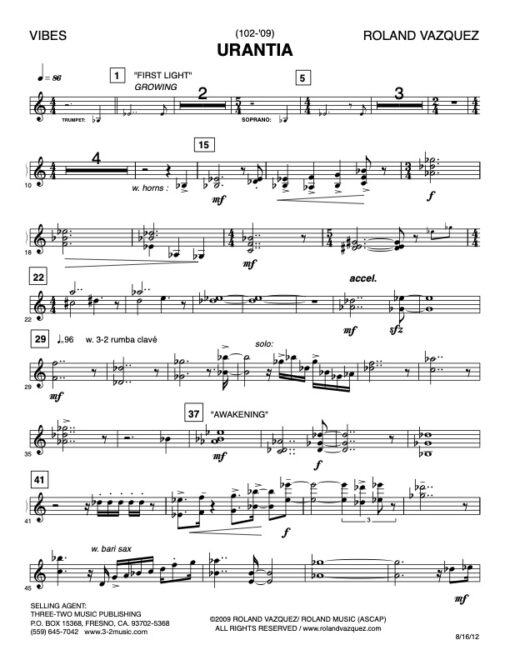 Urantia vibraphone (Download) Latin jazz printed sheet music www.3-2music.com composer and arranger Roland Vazquez big band 4-4-5 instrumentation