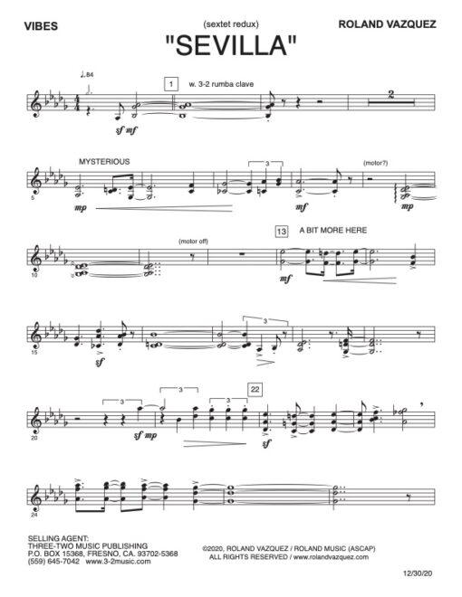 Sevilla V.1 vibraphone (Download) Latin jazz printed sheet music www.3-2music.com composer and arranger Roland Vazquez combo (sextet) instrumentation