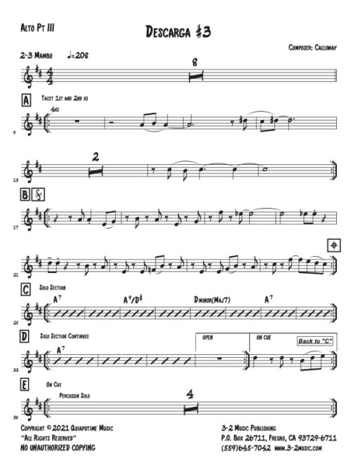 Descarga #3 alto 2 (Download) Latin jazz printed combo sheet music www.3-2music.com composer and arranger John Calloway combo (nonet) instrumentation