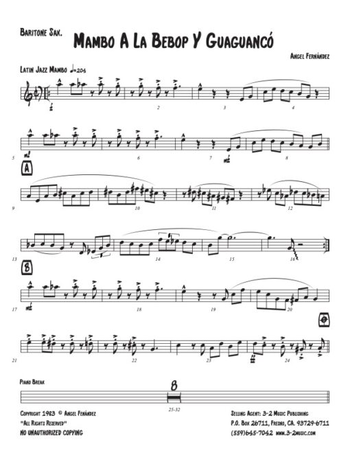 Mambo A La Bebop y Giaguancó baritone (Download) Latin jazz printed sheet music www.3-2music.com composer and arranger Angel Fernández little big band