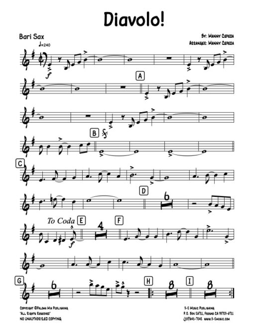 Diavolo baritone (Download) Latin jazz printed sheet music www.3-2music.com composer and arranger Manny Cepeda big band 4-4-5 instrumentation