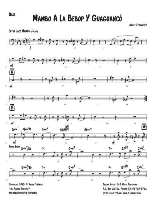 Mambo A La Bebop y Giaguancó bass (Download) Latin jazz printed sheet music www.3-2music.com composer and arranger Angel Fernández little big band