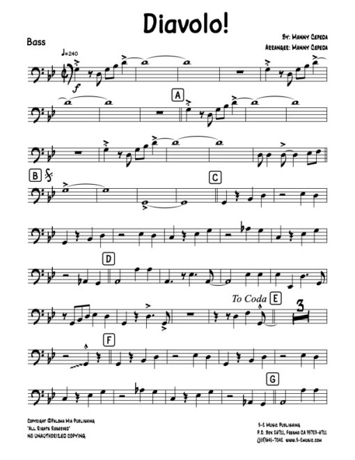 Diavolo bass (Download) Latin jazz printed sheet music www.3-2music.com composer and arranger Manny Cepeda big band 4-4-5 instrumentation