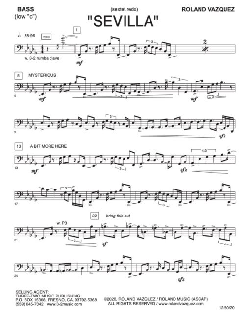 Sevilla V.1 bass (Download) Latin jazz printed sheet music www.3-2music.com composer and arranger Roland Vazquez combo (sextet) instrumentation