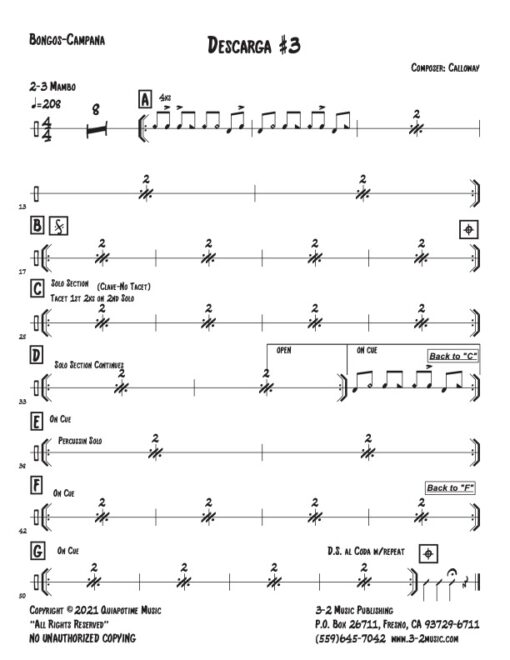 Descarga #3 bongo (Download) Latin jazz printed combo sheet music www.3-2music.com composer and arranger John Calloway combo (nonet) instrumentation
