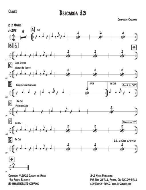 Descarga #3 claves (Download) Latin jazz printed combo sheet music www.3-2music.com composer and arranger John Calloway combo (nonet) instrumentation