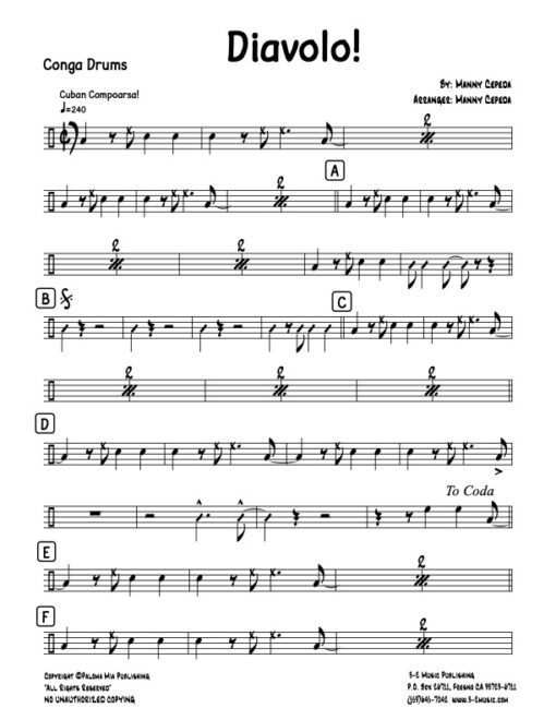 Diavolo congas (Download) Latin jazz printed sheet music www.3-2music.com composer and arranger Manny Cepeda big band 4-4-5 instrumentation