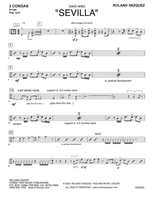 Sevilla V.1 congas (Download) Latin jazz printed sheet music www.3-2music.com composer and arranger Roland Vazquez combo (sextet) instrumentation