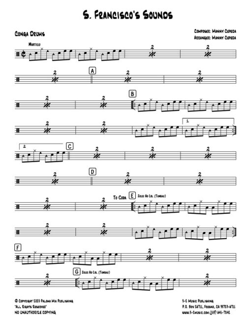S. Francisco's Sounds congas (Download) Latin jazz printed sheet music www.3-2music.com composer and arranger Manny Cepeda big band 4-4-5 instrumentation