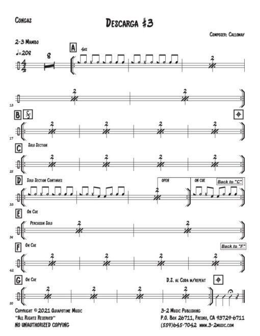 Descarga #3 congas (Download) Latin jazz printed combo sheet music www.3-2music.com composer and arranger John Calloway combo (nonet) instrumentation