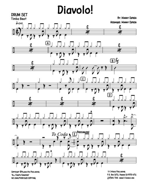 Diavolo drums (Download) Latin jazz printed sheet music www.3-2music.com composer and arranger Manny Cepeda big band 4-4-5 instrumentation
