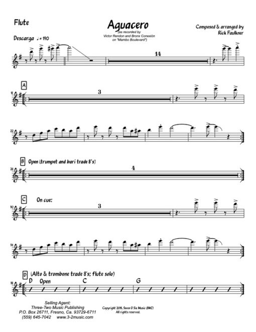 Aguacero flute (Download) Latin jazz printed sheet music composer and arranger Rick Faulkner big band 4-4-5 instrumentation CD The Bronx Connection