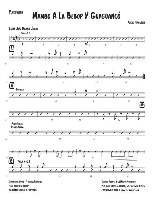 Mambo A La Bebop y Giaguancó percussion (Download) Latin jazz printed sheet music www.3-2music.com composer and arranger Angel Fernández little big band