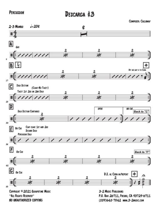 Descarga #3 percussion (Download) Latin jazz printed combo sheet music www.3-2music.com composer and arranger John Calloway combo (nonet) instrumentation