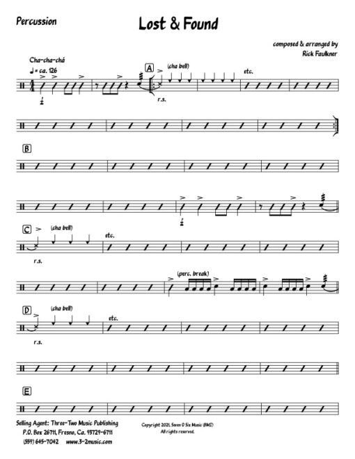 Lost and Found percussion (Download) Latin jazz printed sheet music composer and arranger Rick Faulkner big band 4-4-5 instrumentation