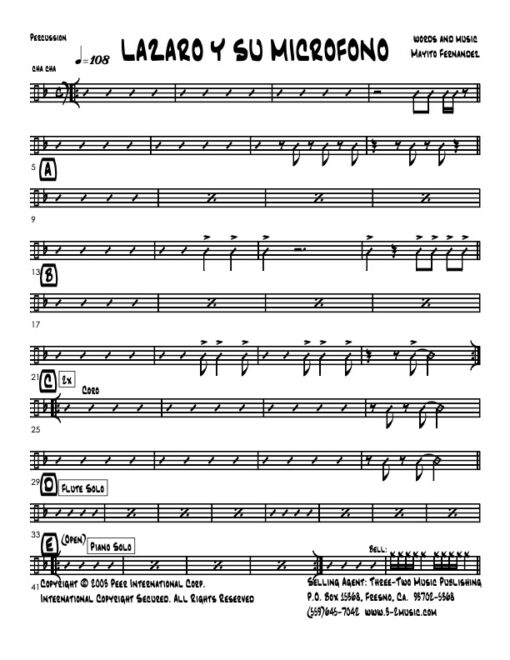 Lazaro y Su Microfono percussion (Download) Latin jazz printed sheet music www.3-2music.com composer and arranger Eddie Palmieri combo (decet)