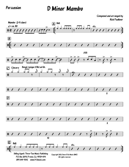 D Minor Mambo percussion (Download) Latin jazz printed sheet music composer and arranger Rick Faulkner big band 4-4-5 instrumentation