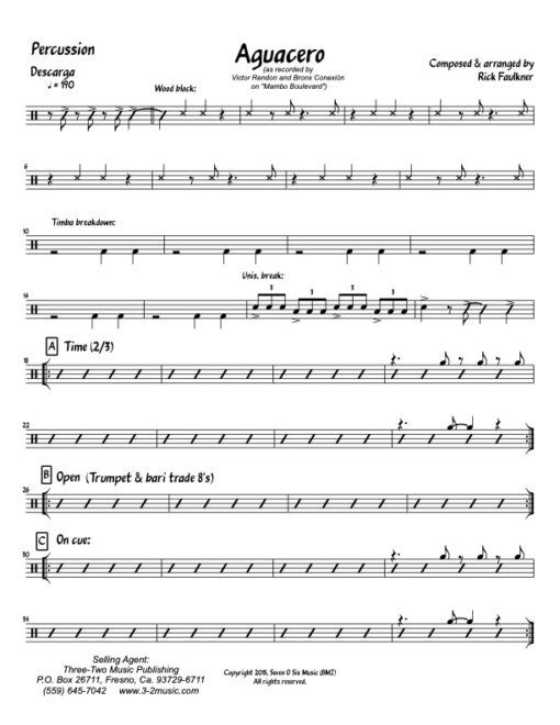 Aguacero percussion (Download) Latin jazz printed sheet music composer and arranger Rick Faulkner big band 4-4-5 instrumentation CD The Bronx Connection