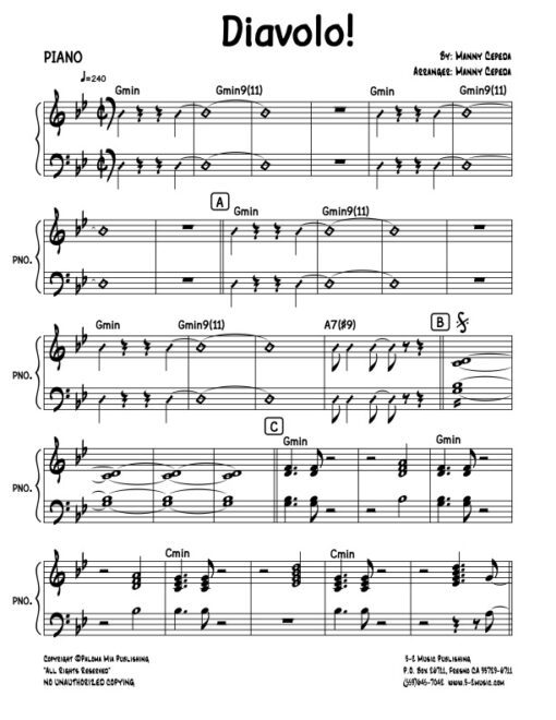 Diavolo piano (Download) Latin jazz printed sheet music www.3-2music.com composer and arranger Manny Cepeda big band 4-4-5 instrumentation
