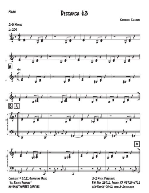 Descarga #3 piano (Download) Latin jazz printed combo sheet music www.3-2music.com composer and arranger John Calloway combo (nonet) instrumentation