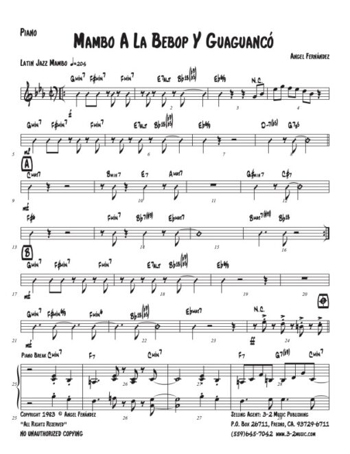 Mambo A La Bebop y Giaguancó piano (Download) Latin jazz printed sheet music www.3-2music.com composer and arranger Angel Fernández little big band