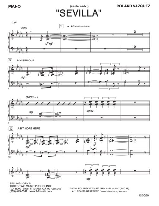 Sevilla V.1 piano (Download) Latin jazz printed sheet music www.3-2music.com composer and arranger Roland Vazquez combo (sextet) instrumentation