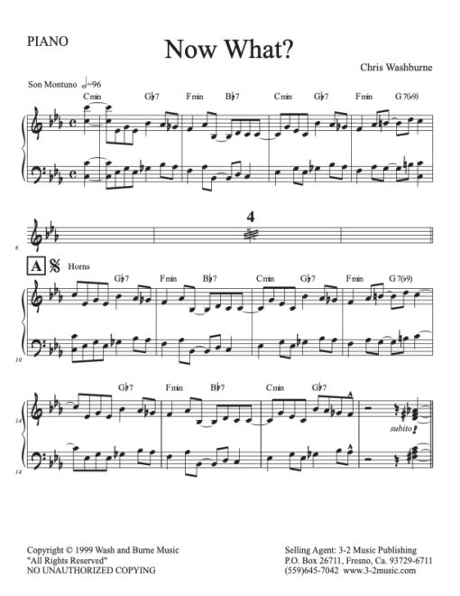 Now What? piano (Download) Latin jazz sheet music www.3-2music.com composer and arranger Chris Washburne combo (septet) instrumentation