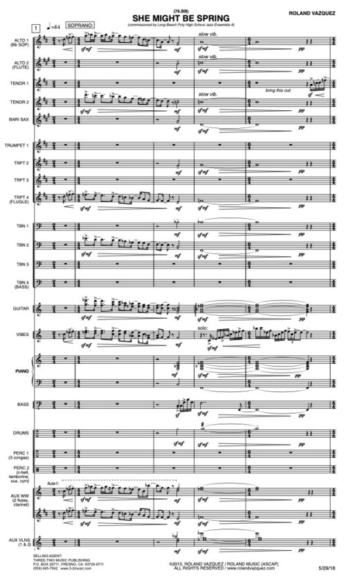 She Might Be Spring score (Download) Latin jazz printed sheet music www.3-2music.com composer Roland Vazquez big band 4-4-5 instrumentation