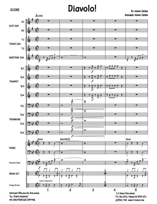 Diavolo score (Download) Latin jazz printed sheet music www.3-2music.com composer and arranger Manny Cepeda big band 4-4-5 instrumentation